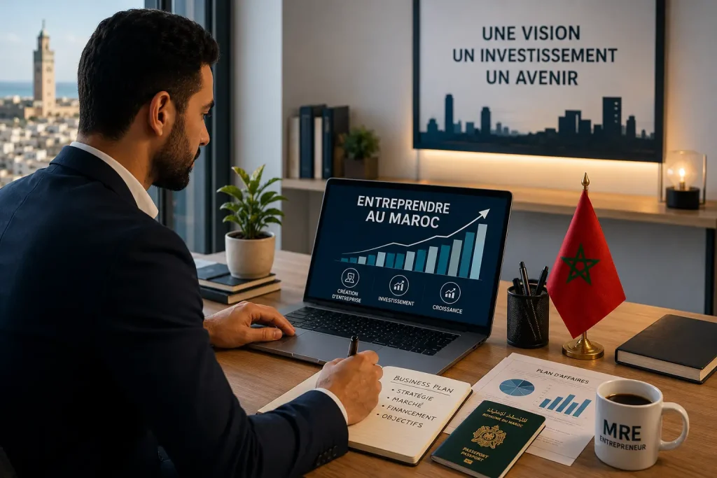 Entrepreneur marocain résidant à l'étranger lançant une entreprise au Maroc avec carte du Maroc et graphique de croissance