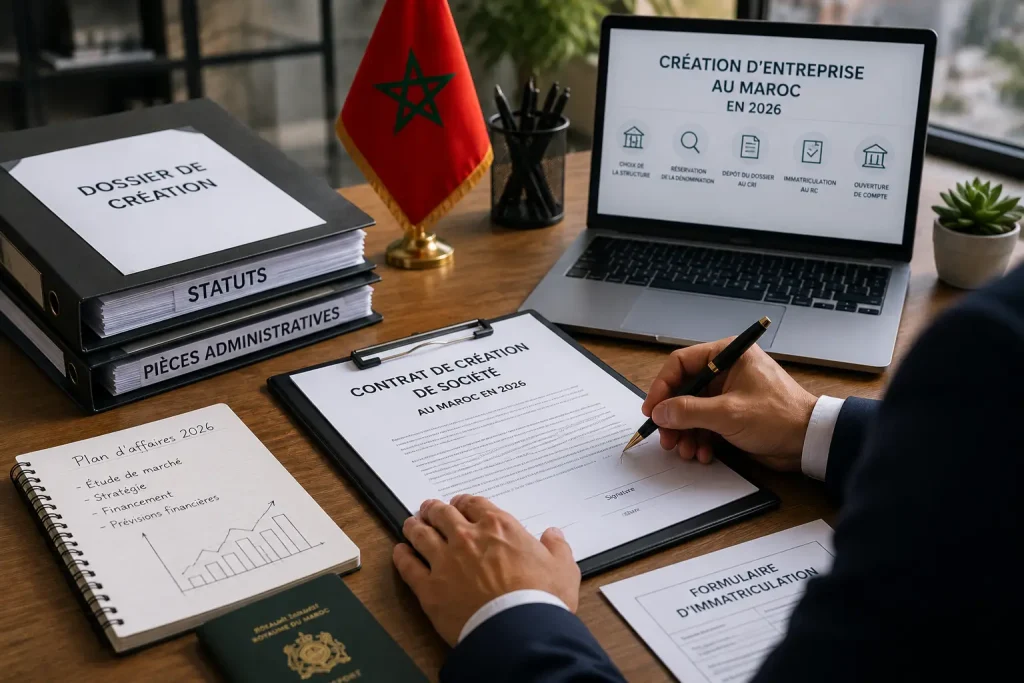 Entrepreneur signant les documents de création d'une société au Maroc