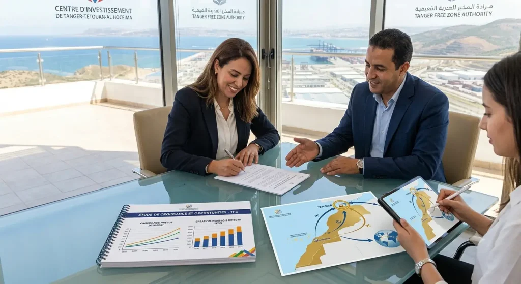 Entrepreneur signant les documents de création d'une société dans la zone franche de Tanger avec carte du Maroc et graphiques de croissance