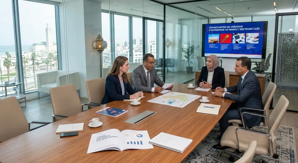 Investisseurs discutant d'un projet de création de société au Maroc