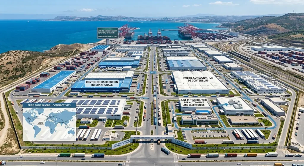 Port Tanger Med avec conteneurs, grues et navires illustrant les avantages logistiques d'une société en zone franche de Tanger